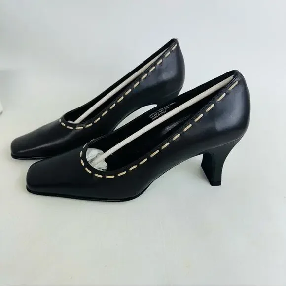 Eddie Bauer Pumps Heels‎ Dark Brown Leather Squared Toe Slip On Shoes Size 7M - Picture 2 of 12